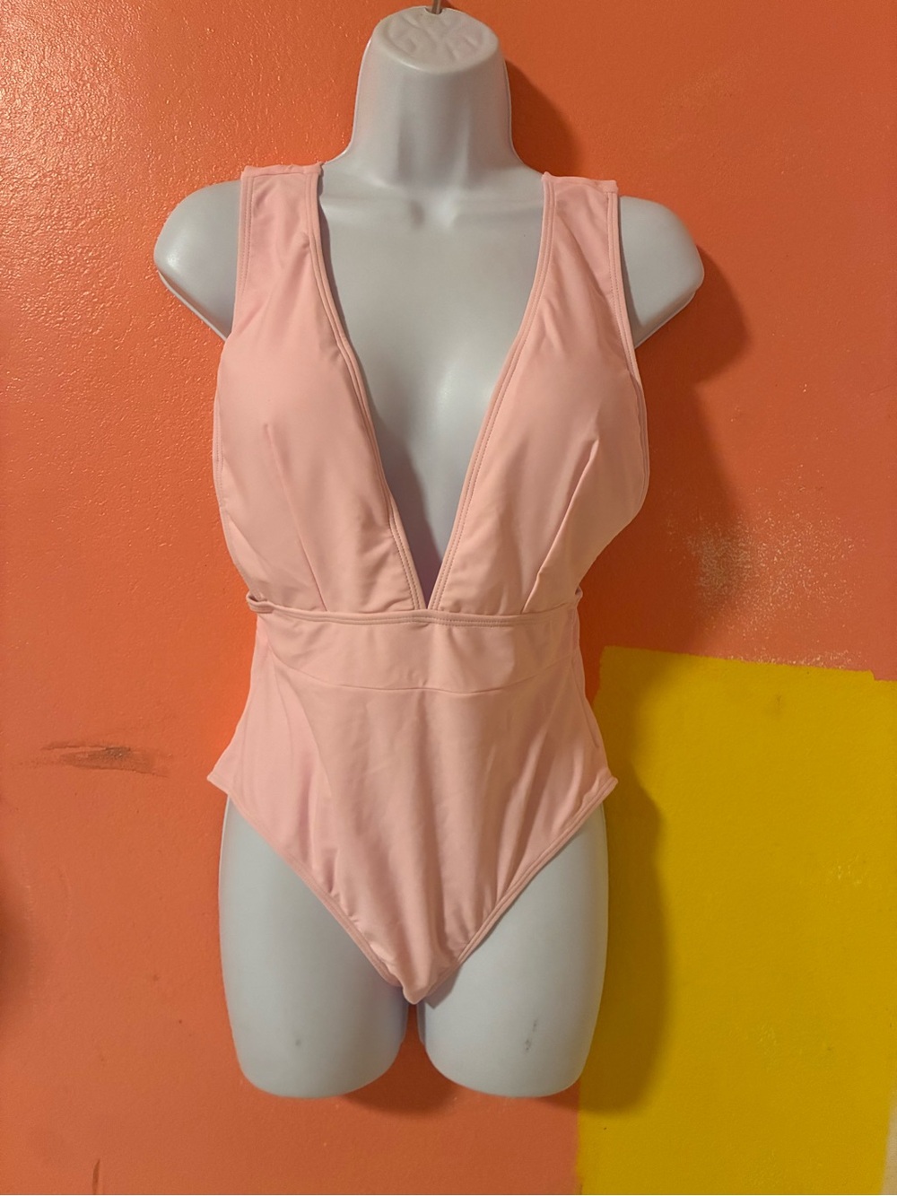 One Piece Swimsuit - Light Pink Plunge Style